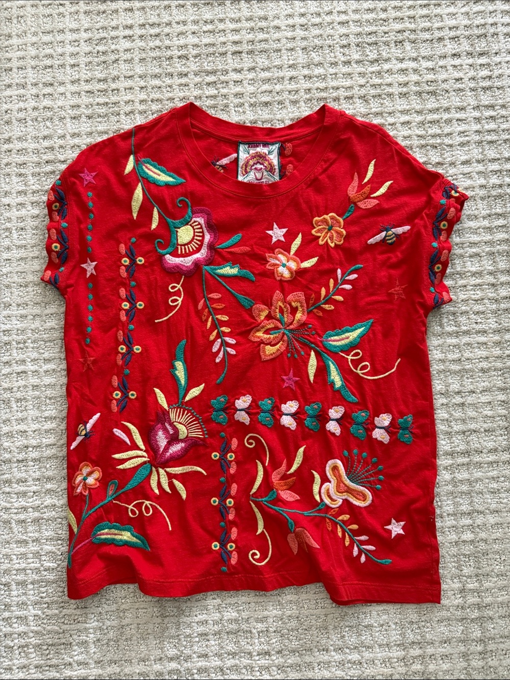 Johnny Was Red Floral Embroidered Top